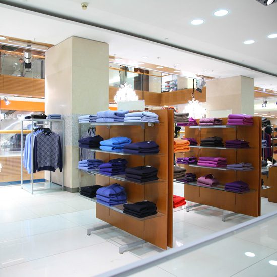 A store with shelves of clothes