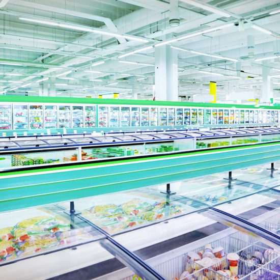 Grocery store frozen food and cooler displays